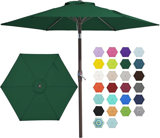 JEAREY 7.5FT Patio Umbrella Market Table Umbrella with 6 Sturdy Ribs, Push Button Tilt/Crank Outdoor Umbrella for Garden, Deck, Backyard, Pool and Beach,Dark Green