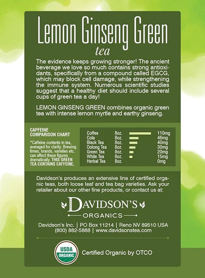 Davidson's Organics, Lemon Ginseng Green, 8-count Tea Bags, Pack of 12
