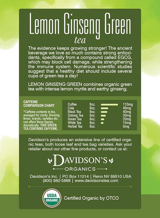 Davidson's Organics, Lemon Ginseng Green, 8-count Tea Bags, Pack of 12