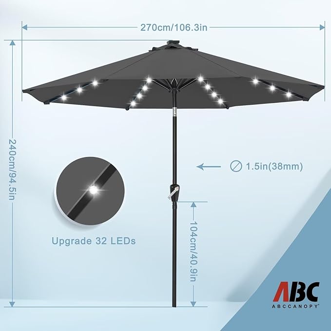 ABCCANOPY Durable Solar Led Patio Umbrellas with 32LED Lights 9FT (Dark Gray)