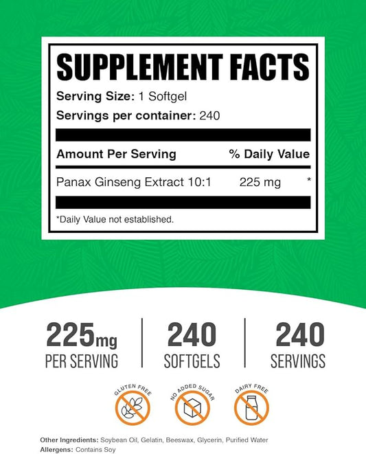 BulkSupplements.com Panax Ginseng Softgels - Panax Ginseng Supplement, Panax Ginseng Extract, 225mg of Panax Ginseng - Gluten Free, 1 Softgel per Serving, 240 Count (Pack of 1)