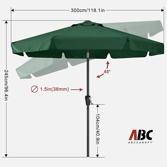 ABCCANOPY Patio Umbrella 10ft, Outdoor Table Umbrella with Push Button Tilt and Crank, 8 Ribs Umbrella for Patio Pool Garden Deck (Green)