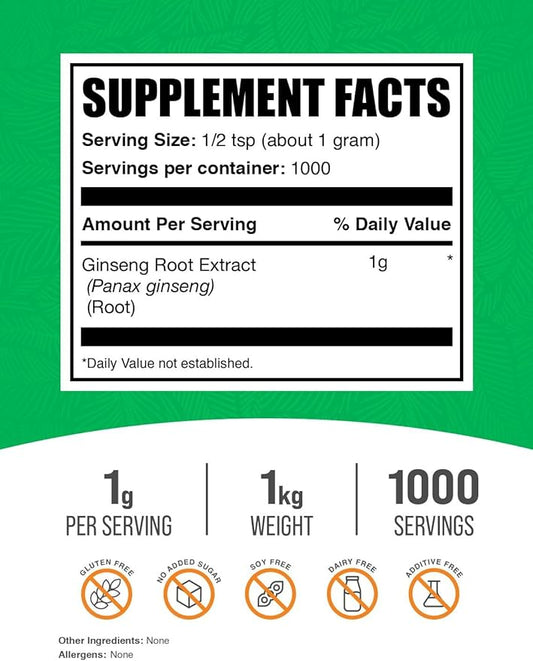 BulkSupplements.com Ginseng Root Extract Powder - Panax Ginseng Supplement, Herbal Supplement - Vegan & Gluten Free, 1g per Serving, 1kg (2.2 lbs) (Pack of 1)