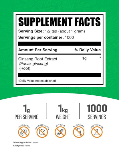 BulkSupplements.com Ginseng Root Extract Powder - Panax Ginseng Supplement, Herbal Supplement - Vegan & Gluten Free, 1g per Serving, 1kg (2.2 lbs) (Pack of 1)