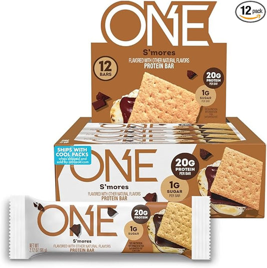 ONE Protein Bars, Smores, Gluten Free with 20g Protein and 1g Sugar, Pantry Staples, 2.12 oz (12 Count), Packaging May Vary