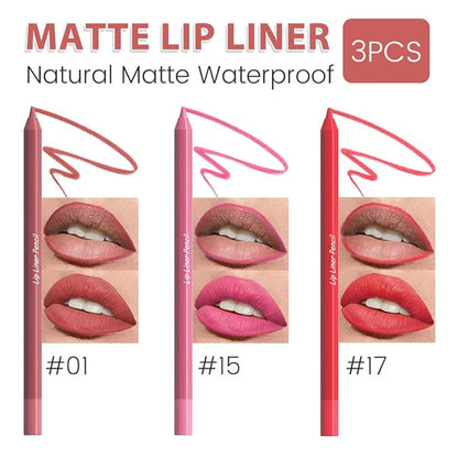 evpct 3Pcs Red Rose Deep Pink Vermilion Red Matte Long Lasting Wear Lip Liner Pencils Makeup Set for Shaping & Sculpting Lips, No Transfer Waterproof Lip Liner Crayon lipliners Lipstick Pencil 1+15+17