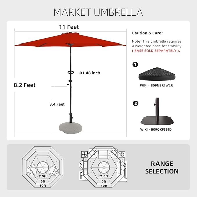 wikiwiki 10 FT Patio Umbrellas Outdoor Table Market Umbrella with Push Button Tilt/Crank, 8 Sturdy Ribs, Fade Resistant Waterproof POLYESTER DTY Canopy for Garden, Lawn, Deck, Backyard & Pool, Red