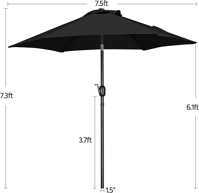 Yaheetech 7.5FT Patio Umbrella Outdoor Table Umbrella Canopy Market Umbrella with Push Button Tilt & Crank for Garden/Lawn/Deck/Backyard/Pool, 6 Ribs, Black