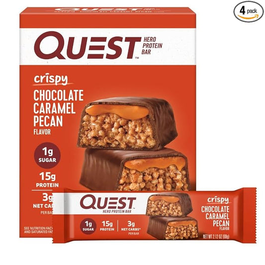 Quest Nutrition Crispy Chocolate Caramel Pecan Hero Protein Bar, 15g Protein, 1g Sugar, 3g Net Carbs, Gluten Free Protein Snack, Keto Friendly, 4 Count