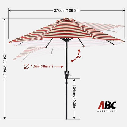 ABCCANOPY 9FT Patio Umbrella - Outdoor Waterproof Table Umbrella with Push Button Tilt and Crank, 8 Ribs UV Protection Pool Umbrella for Garden, Lawn, Deck & Backyard (Red Stripe)