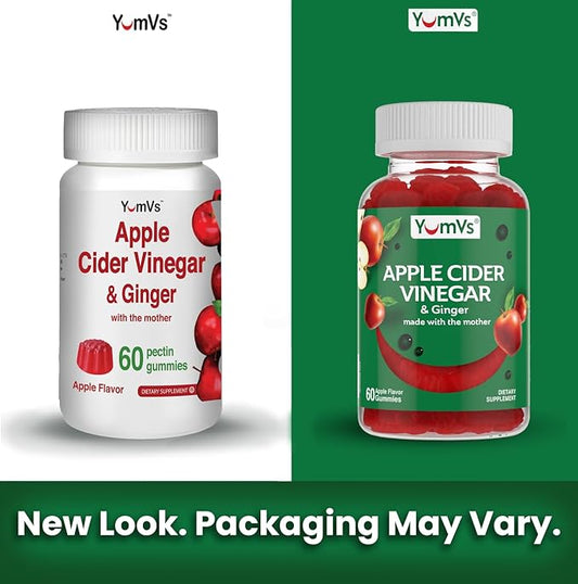 Apple Cider Vinegar Gummies with The Mother + Ginger by YumVs | Non GMO, Vegetarian Supplement for Women & Men | Heart Health and Digestive Support | Natural Apple Flavor Chewables - 60 Count