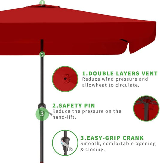 8 * 10FT Rectangular Patio Umbrella Table Market Umbrella w/Crank Outdoor Umbrellas for Garden, Deck, Backyard, Pool and Beach, Red