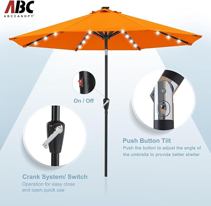 ABCCANOPY Durable Solar Led Patio Umbrellas with 32LED Lights 9FT (Orange)
