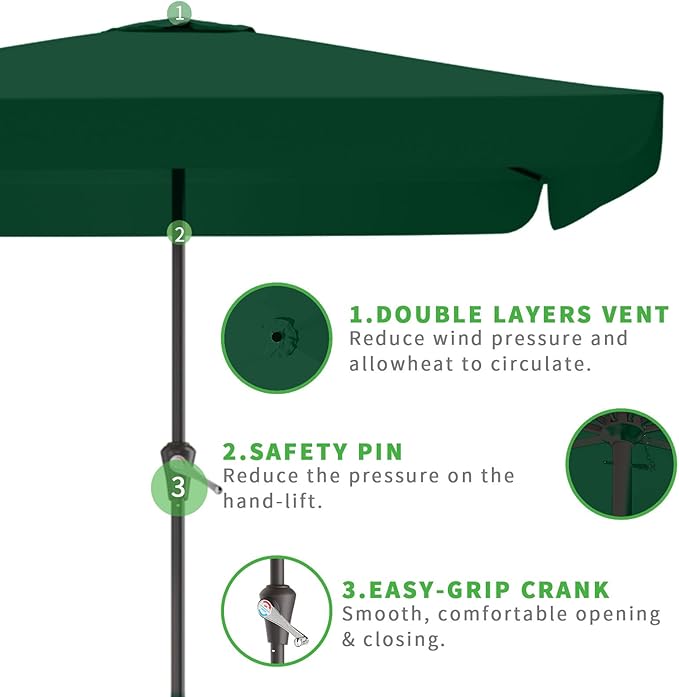 8 * 10FT Rectangular Patio Umbrella Table Market Umbrella w/Crank Outdoor Umbrellas for Garden, Deck, Backyard, Pool and Beach, Dark Green