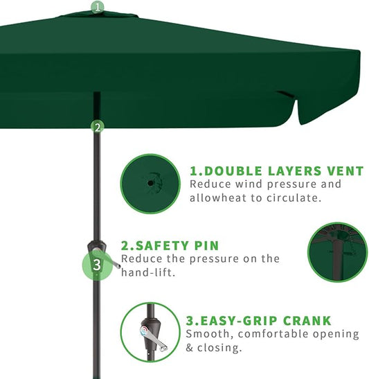 8 * 10FT Rectangular Patio Umbrella Table Market Umbrella w/Crank Outdoor Umbrellas for Garden, Deck, Backyard, Pool and Beach, Dark Green