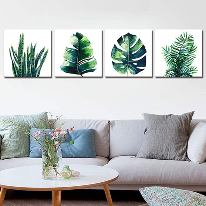 Boho Wall Art Bathroom Decor Botanical Green Plant Canvas Prints Picture Bedroom Apartment Kitchen Home Decoration 4Pcs/Sets 14 x 14" Tropical Leaf Monstera Minimalist Aesthetic Framed Poster Artwork