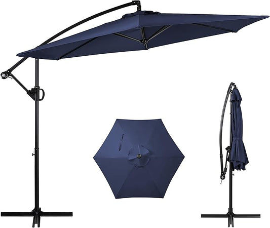 Shintenchi Patio Offset Umbrella with Easy Tilt Adjustment, Crank and Cross Base, Outdoor Cantilever Hanging Umbrella, Sunshade Canopy, Navy Blue