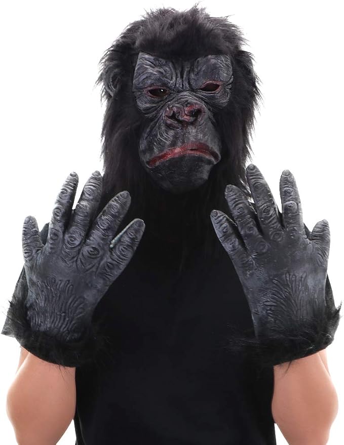 Latex Animal Gorilla Mask with Gloves - Gorilla Head Mask Set for Halloween Costume Black