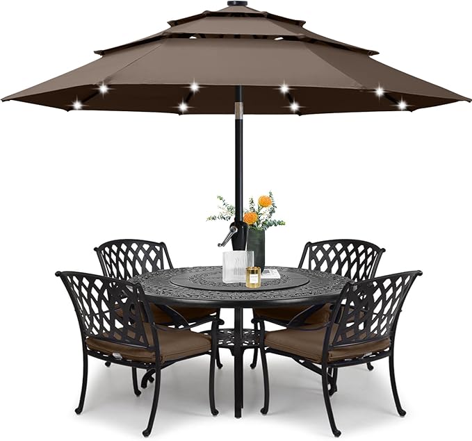 ABCCANOPY Solar Led Patio Umbrellas 3-Tiers 9FT (Brown)