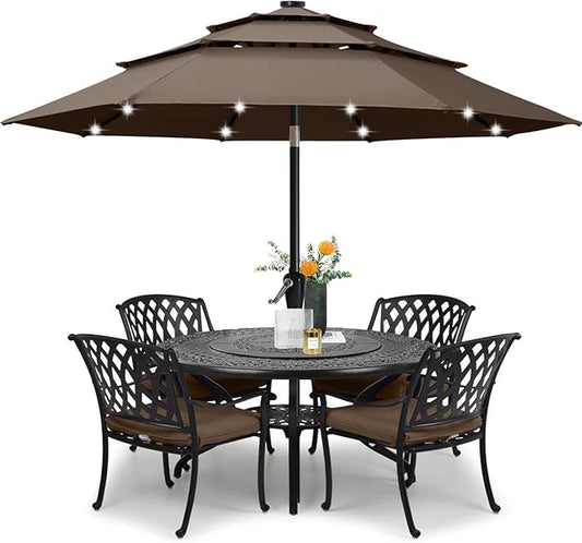 ABCCANOPY Solar Led Patio Umbrellas 3-Tiers 9FT (Brown)