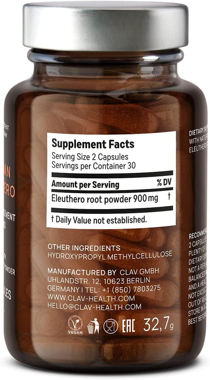 CLAV® Siberian Ginseng - 900mg Eleuthero Root Powder - Energy Supplement - Reduction of Tiredness & Fatigue - 60 Ginseng Capsules - Made in Germany