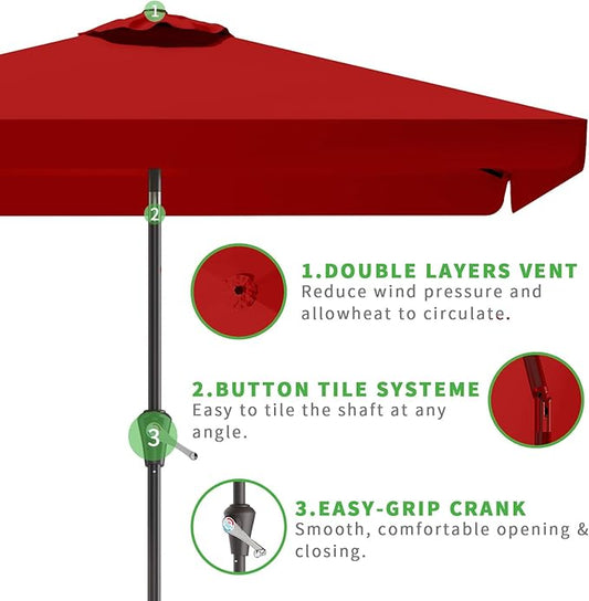 6.5 * 10FT Rectangular Patio Umbrella Table Market Umbrella w/Tilt and Crank Outdoor Umbrellas for Garden, Deck, Backyard, Pool and Beach, Red