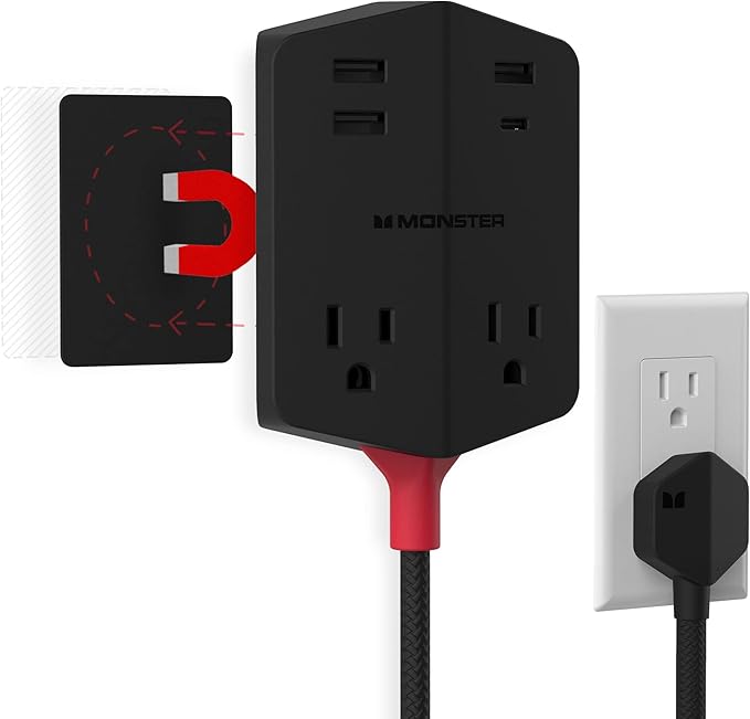 Monster Power Shield: Magnetic Wall Outlet Extender, Multiple Plug Outlet with 2 AC Outlets, 3 USB-A Ports, & 1 USB-C Port (20W)