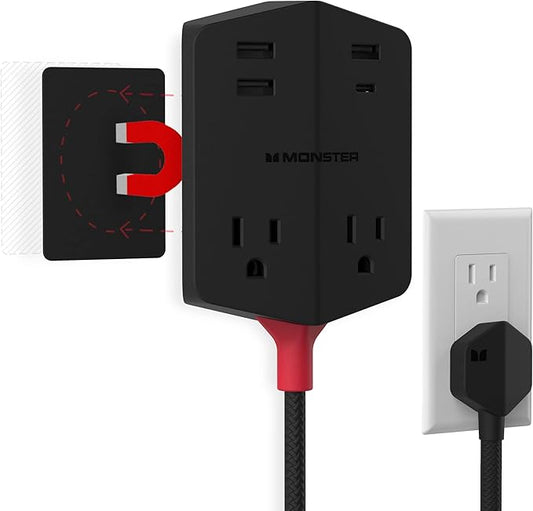 Monster Power Shield: Magnetic Wall Outlet Extender, Multiple Plug Outlet with 2 AC Outlets, 3 USB-A Ports, & 1 USB-C Port (20W)