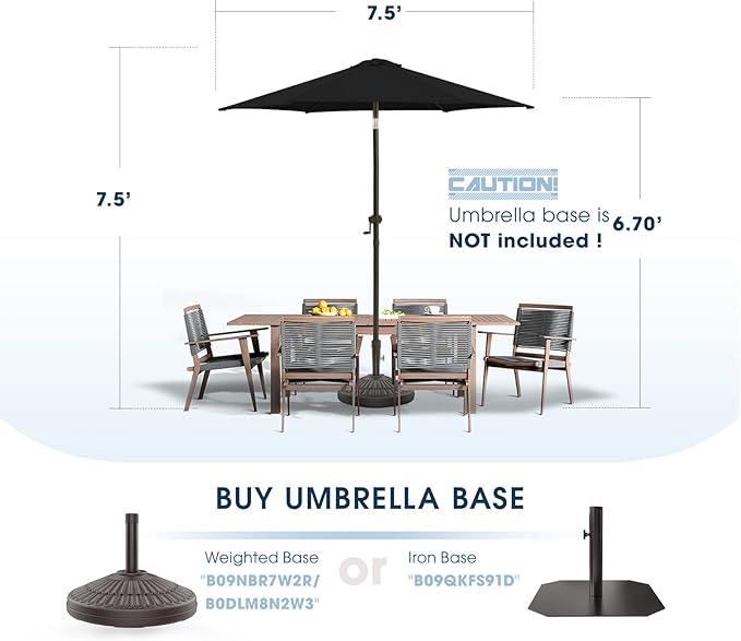 wikiwiki 7.5 FT Patio Umbrellas Outdoor Table Market Umbrella with Push Button Tilt/Crank, 6 Sturdy Ribs, Fade Resistant Waterproof POLYESTER DTY Canopy for Garden, Lawn, Deck, Backyard & Pool, Black