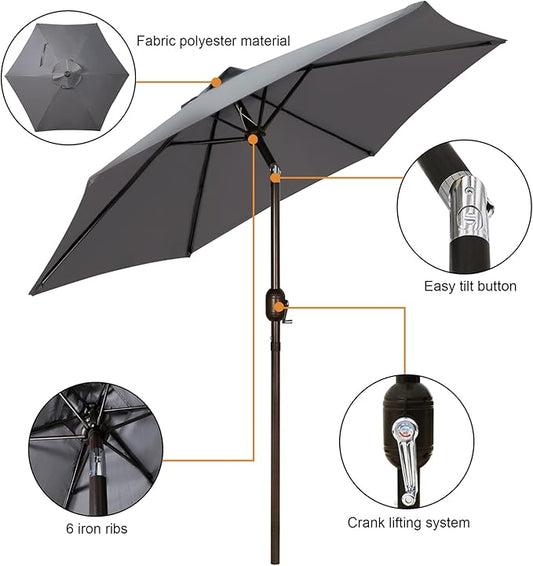 Blissun 7.5 ft Patio Umbrella, Yard Umbrella, Outdoor Market Umbrella with Push Button Tilt Crank, Dark Grey