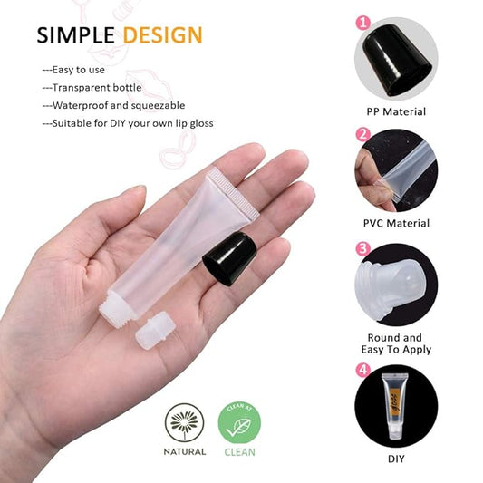 AMORIX 50PCS 10ml Black Lip Gloss Tubes Empty Clear Lip Balm Containers Refillable Soft Cosmetic Squeeze Tubes for Lip Gloss Base Glitter Pigment Powder 2 Syringes + Tag Labels Stickers