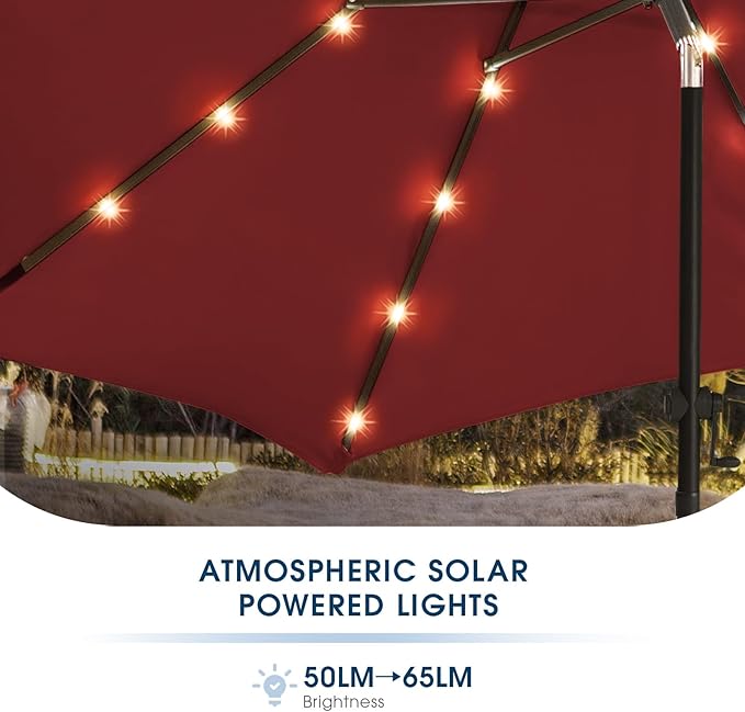 wikiwiki 9ft Solar Led Patio Umbrella, Sturdy Outdoor Market Umbrella for Deck, Pool, Garden w/Tilt, Crank, 32 LED Lights, Burgundy Red