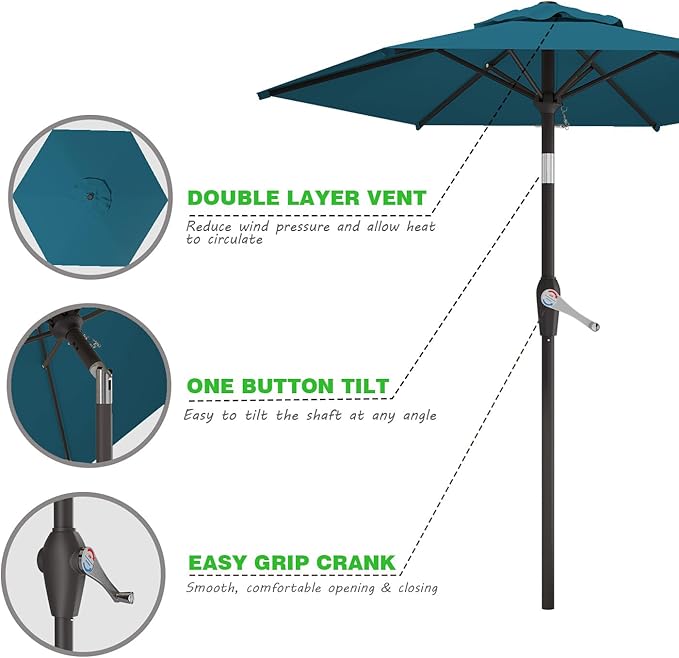 7.5FT Patio Umbrella Table Market Umbrella w/Tilt and Crank Heavy-Duty Round Outdoor Umbrellas for Garden, Deck, Backyard, Pool and Beach, Lake Blue