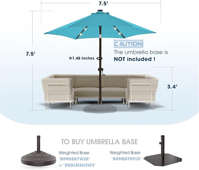 wikiwiki 7.5ft Solar Led Patio Umbrella, Sturdy Outdoor Market Umbrella for Deck, Pool, Garden w/Tilt, Crank, 18 LED Lights, Sky Blue