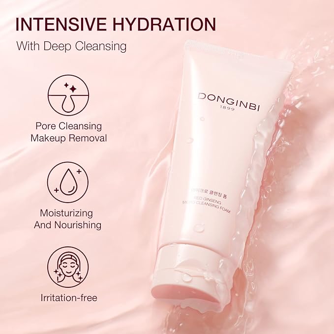 Donginbi Red Ginseng Micro Cleansing Foam - Hydrating Face Wash with Red Ginseng Extract, Non-Irritating, Lightweight & Creamy Daily Face Cleanser, 5.07 floz / 150ml