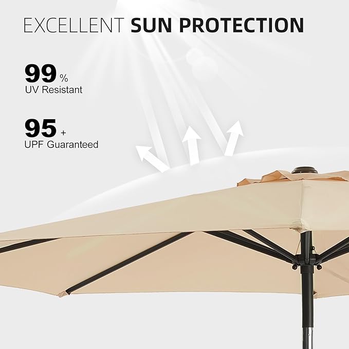 wikiwiki 10 FT Patio Umbrellas Outdoor Table Market Umbrella with Push Button Tilt/Crank, 8 Sturdy Ribs, Fade Resistant Waterproof POLYESTER DTY Canopy for Garden, Lawn, Deck, Backyard & Pool, Beige