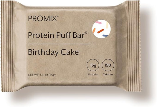 ProMix Nutrition Protein Puff Bars - Birthday Cake - Marshmallow Crispy Treat - Great Tasting & Healthy On The Go Snack - High Protein & Low Calorie - Free From Gluten, Soy, & Corn - 12 Bars
