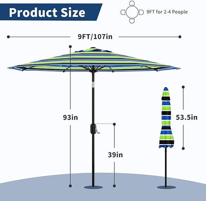 9Ft Patio Umbrella - 8 Sturdy Ribs Outdoor Table Umbrella with Crank Lift & Push Button Tilt - Market Umbrella for Pool, Deck, Yard, Garden - Tricolor Stripe