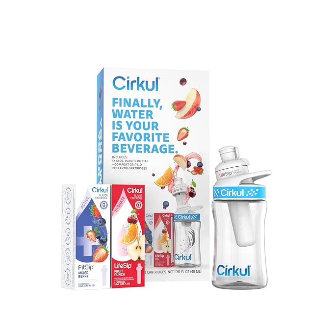 Cirkul 12oz BPA-Free Plastic Water Bottle Starter Kit for Kids with Blue Lid, 2 Flavor Cartridges (1 LifeSip Fruit Punch, 1 FitSip Mixed Berry)