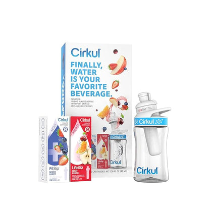 Cirkul 12oz BPA-Free Plastic Water Bottle Starter Kit for Kids with Blue Lid, 2 Flavor Cartridges (1 LifeSip Fruit Punch, 1 FitSip Mixed Berry)