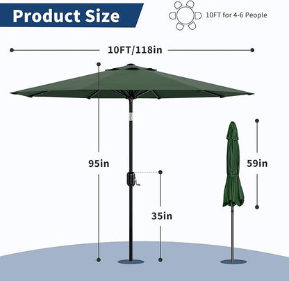 10Ft Patio Umbrella - 8 Sturdy Ribs Outdoor Table Umbrella with Crank Lift & Push Button Tilt - Market Umbrella for Pool, Deck, Yard, Garden - Dark Green