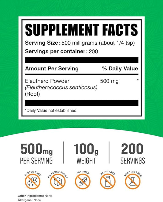 BulkSupplements.com Eleuthero Powder - Siberian Ginseng Powder, Eleutherococcus senticosus, Ginseng Herbal Supplements, Gluten Free, 500mg of per Serving, 100g (3.5 oz) (Pack of 1)