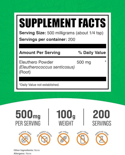 BulkSupplements.com Eleuthero Powder - Siberian Ginseng Powder, Eleutherococcus senticosus, Ginseng Herbal Supplements, Gluten Free, 500mg of per Serving, 100g (3.5 oz) (Pack of 1)