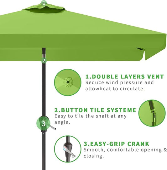 6.5 * 10FT Rectangular Patio Umbrella Table Market Umbrella w/Tilt and Crank Outdoor Umbrellas for Garden, Deck, Backyard, Pool and Beach, Apple Green