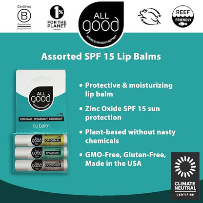 All Good Organic SPF15 Lip Balm - Hydrating Lip Care with Olive Oil, Beeswax, Calendula, Lavender, Vitamin E - Lip Moisturizer with Zinc Oxide Protection - Original, Spearmint & Coconut (6-pack)