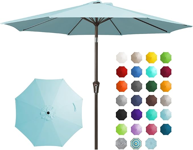 JEAREY 9FT Outdoor Patio Umbrella Outdoor Table Umbrella with Push Button Tilt and Crank, Market Umbrella 8 Sturdy Ribs UV Protection Waterproof for Garden, Deck, Backyard, Pool (Light Blue)