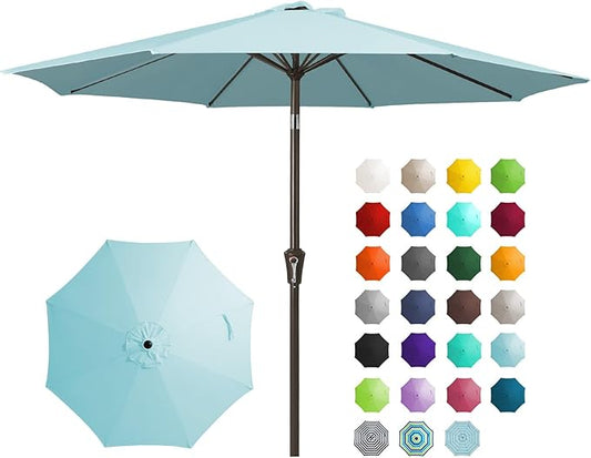JEAREY 9FT Outdoor Patio Umbrella Outdoor Table Umbrella with Push Button Tilt and Crank, Market Umbrella 8 Sturdy Ribs UV Protection Waterproof for Garden, Deck, Backyard, Pool (Light Blue)