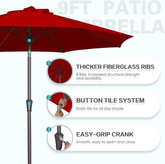 PatioKingdom 9FT Patio Outdoor Umbrella-UPF 50+ Sun Shade with Wind Vent, Push-Button Tilt & Smooth Crank Lift, Rust-Resistant Fiberglass Frame for Garden, Backyard,Yard