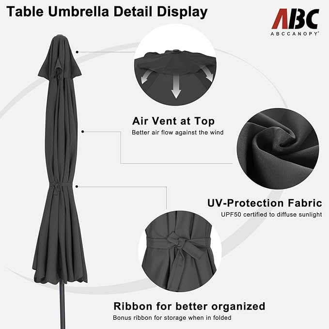 ABCCANOPY Patio Umbrella 10ft, Outdoor Table Umbrella with Push Button Tilt and Crank, 8 Ribs Umbrella for Patio Pool Garden Deck (Dark Gray)