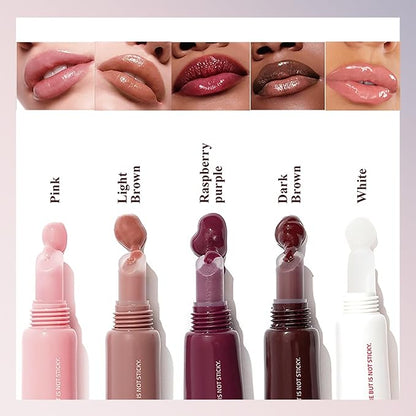 5 Pcs Hydrating Lip Gloss Lip Jam Set, High Shine Glass Finish Nude Colors Moisturizing Glitter Plumping Lip Gloss Shiny Jelly Liquid Lipstick for Girls and Women